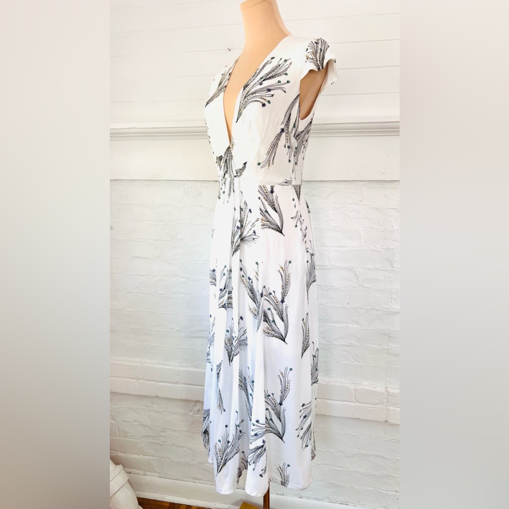 Free People Floral Retro Midi Dress Ivory Deep V Faux Wrap Cap Sleeve - Picture 8 of 14